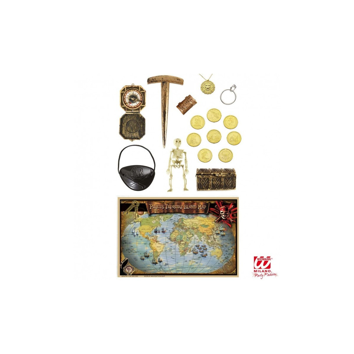 LUXURY PIRATE ACCESSORIES (treasure island map, 2 chests, 8 coins, stake, skeleton, b - WIDMANN - CLOTHING - td-toys.it