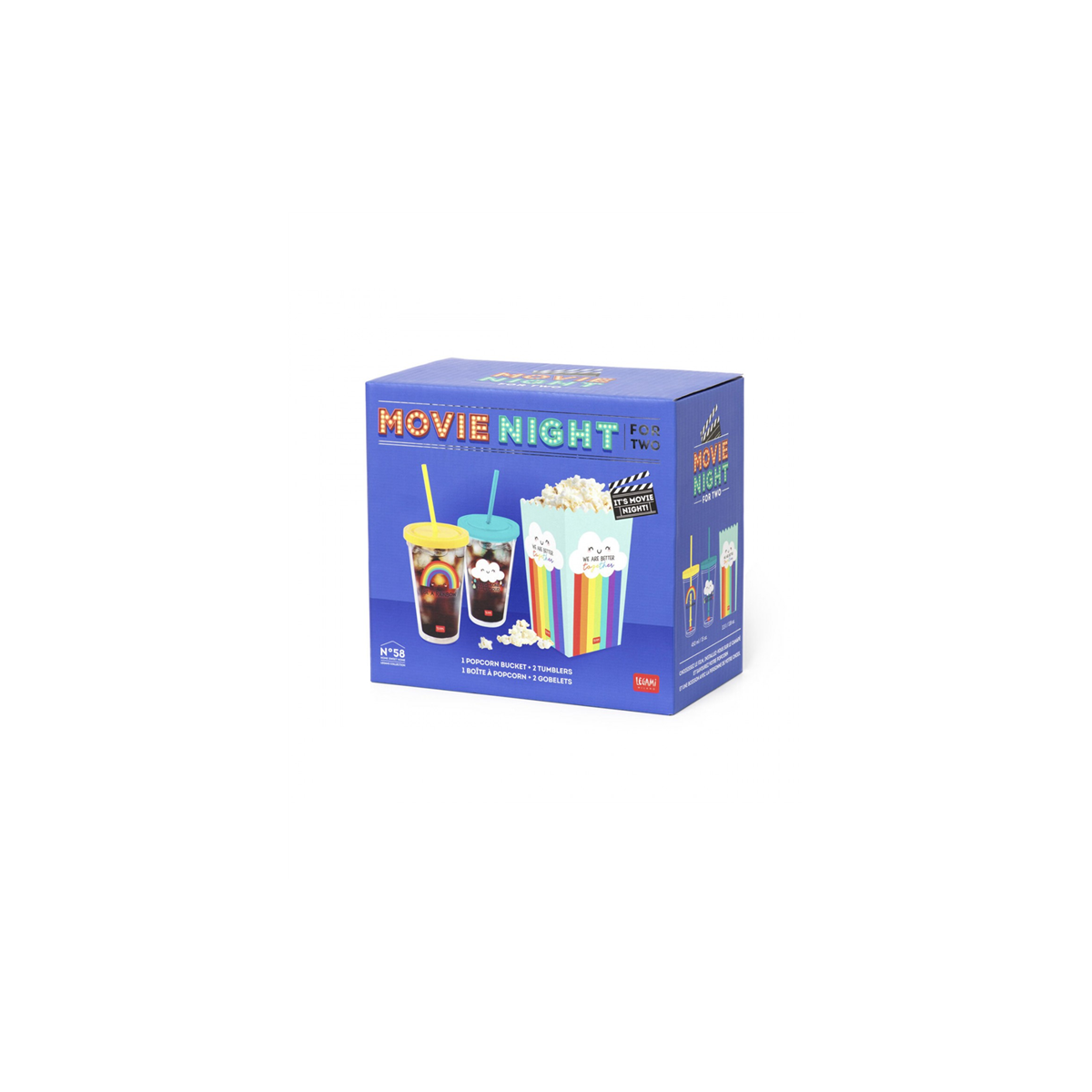 SET POPCORN E BICCHIERI - MOVIENIGHT FOR TWO - RAINBOW - LEGAMI MILANO - LEGAMI MILANO - td-toys.it