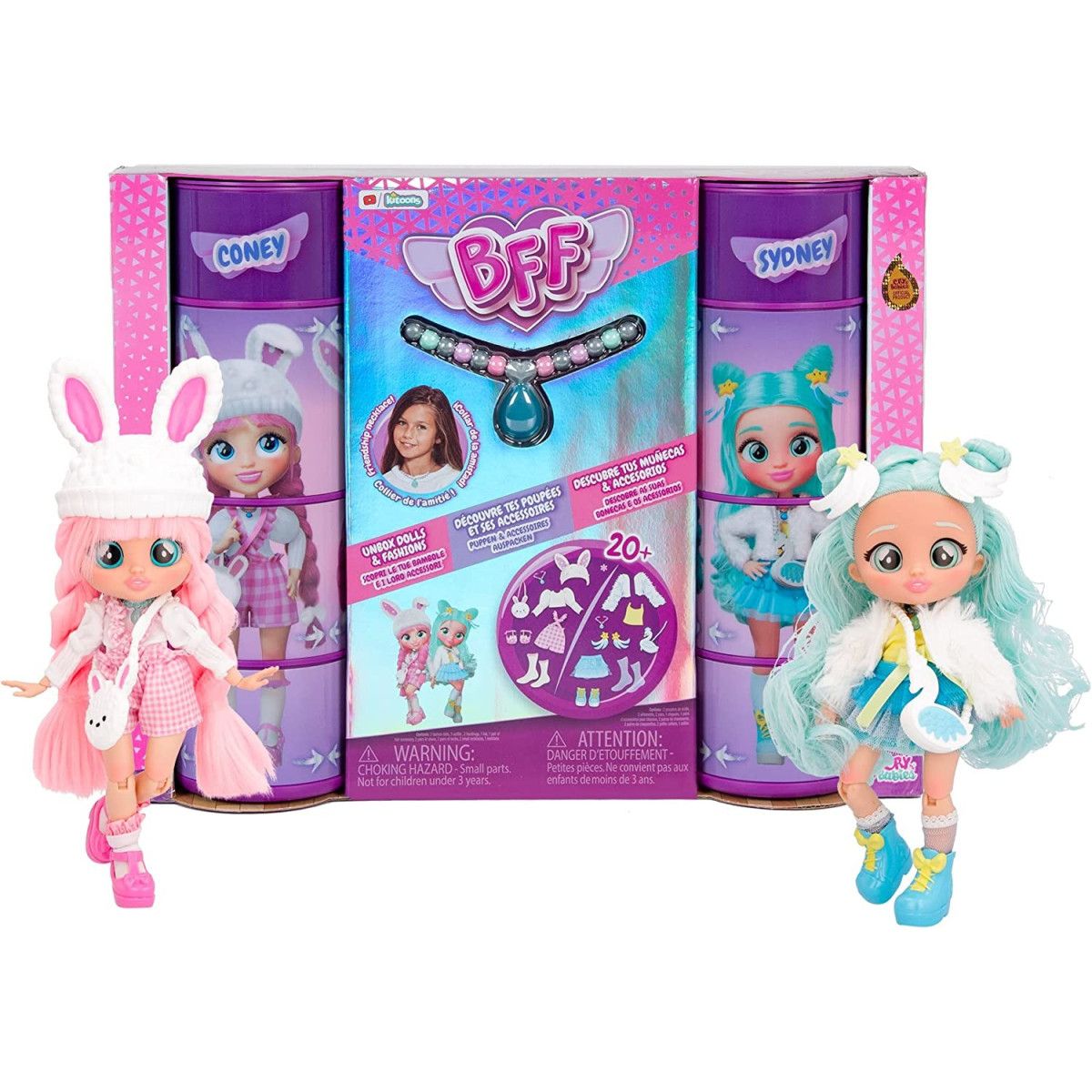 CRY BABIES BFF CONEY & SYDNEY CON CAPELLI LUNGHI VESTITI IN TESSUTO E 9 ACCESSORI - IMC TOYS - CHILD - td-toys.it