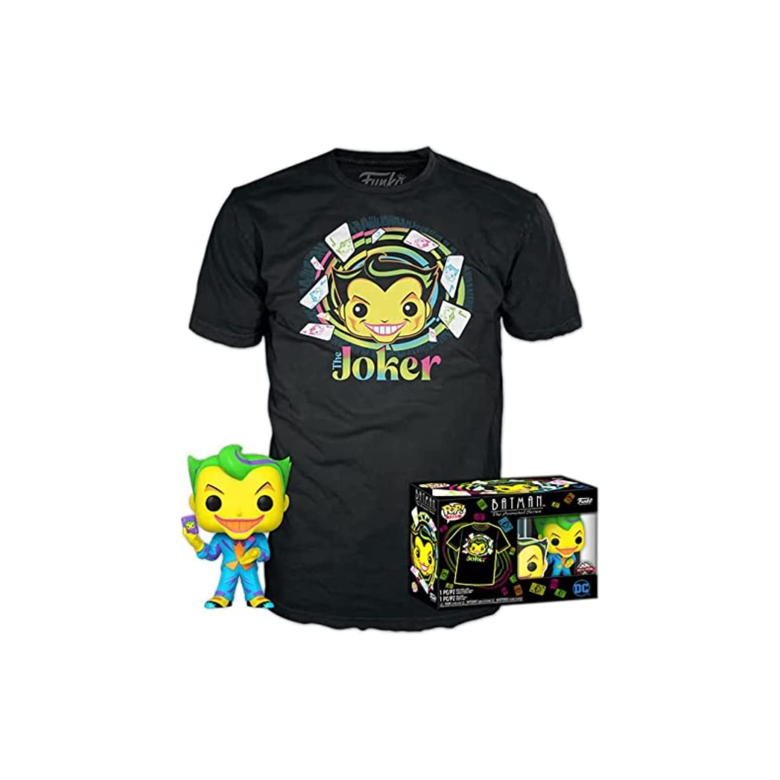 DC COMICS: BLACK LIGHT - POP FUNKO E TEEBOX THE JOKER 9CM (T-SHIRT L) - FUNKO POP! - T SHIRT - td-toys.it