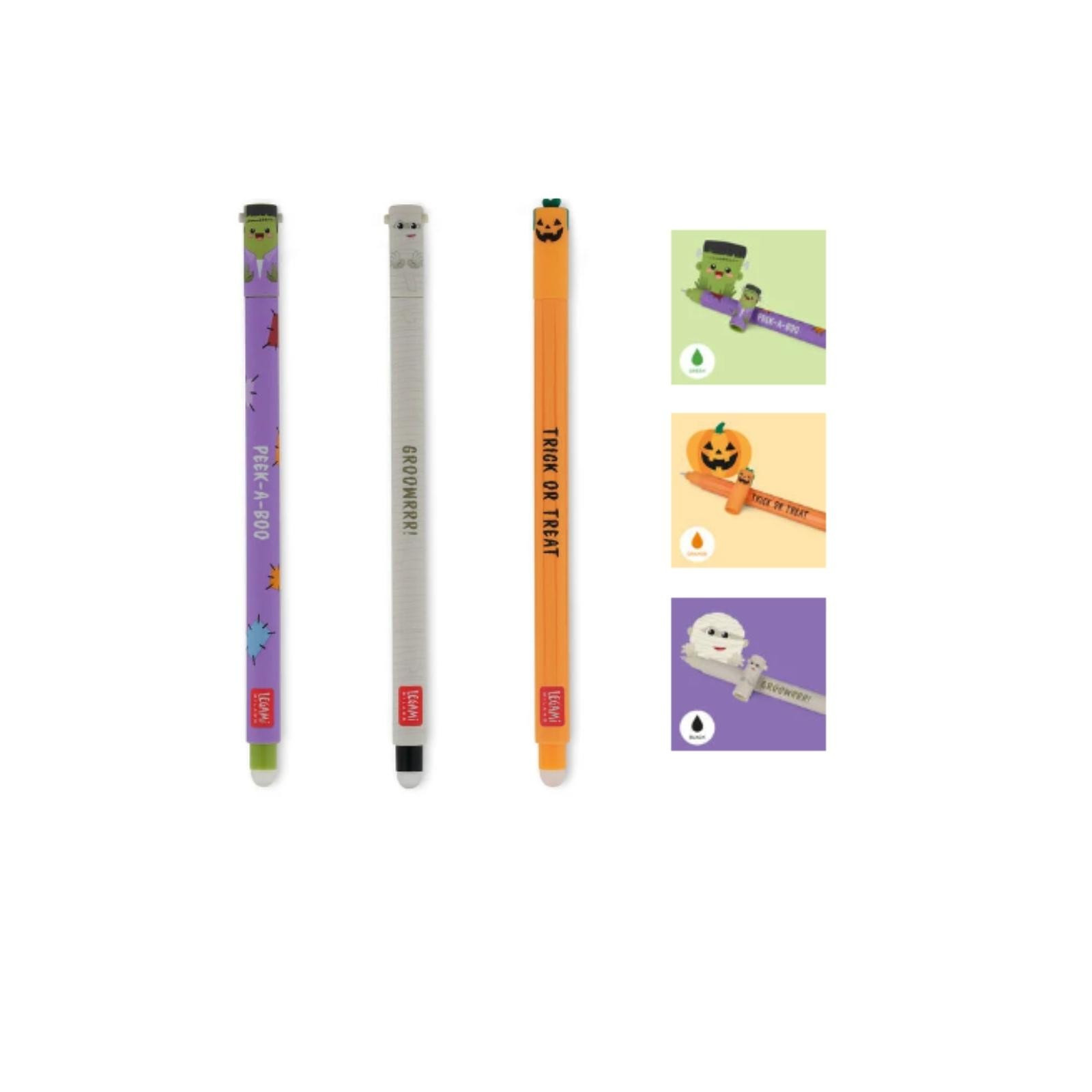 SET DI 3 PENNE GEL CANCELLABI -ERASABLE PEN SET - FRANKENSTEIN+ MUMMY + PUMPKIN - LEGAMI MILANO - LEGAMI MILANO - td-toys.it