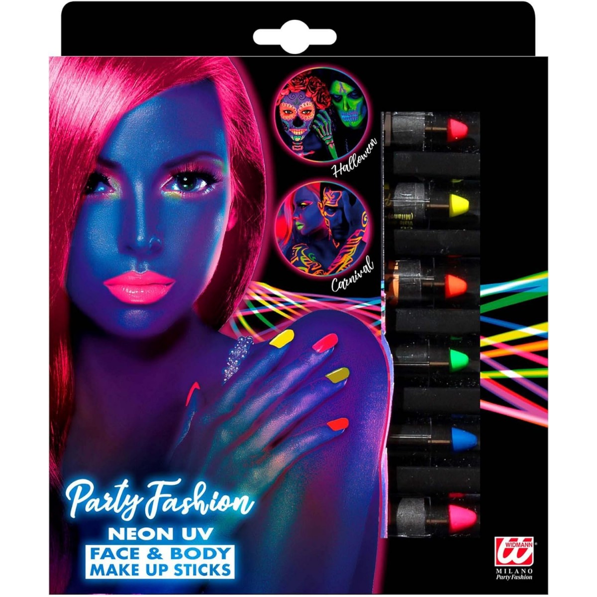 Set da "6 MATITE TRUCCO FLUORESCENTI IN SCATOLA CON FINESTRA" (2 rosa fluo, 1 giallo, 1 arancione, 1 - WIDMANN - TRUCCHI - td...