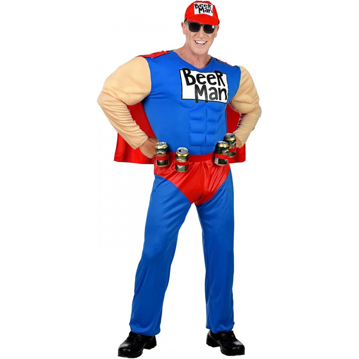 "SUPER BEER MAN" (tuta muscolosa con mantello, cintura porta lattine, cappellino)-COSTUMES