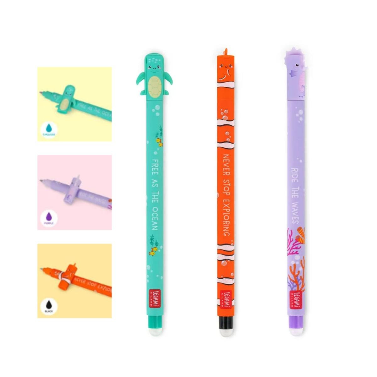 3 PENNE GEL CANCELLABILI - UNDER THE SEA - SEA TURTLE + CLOWNFISH+ SEAHO-LEGAMI MILANO