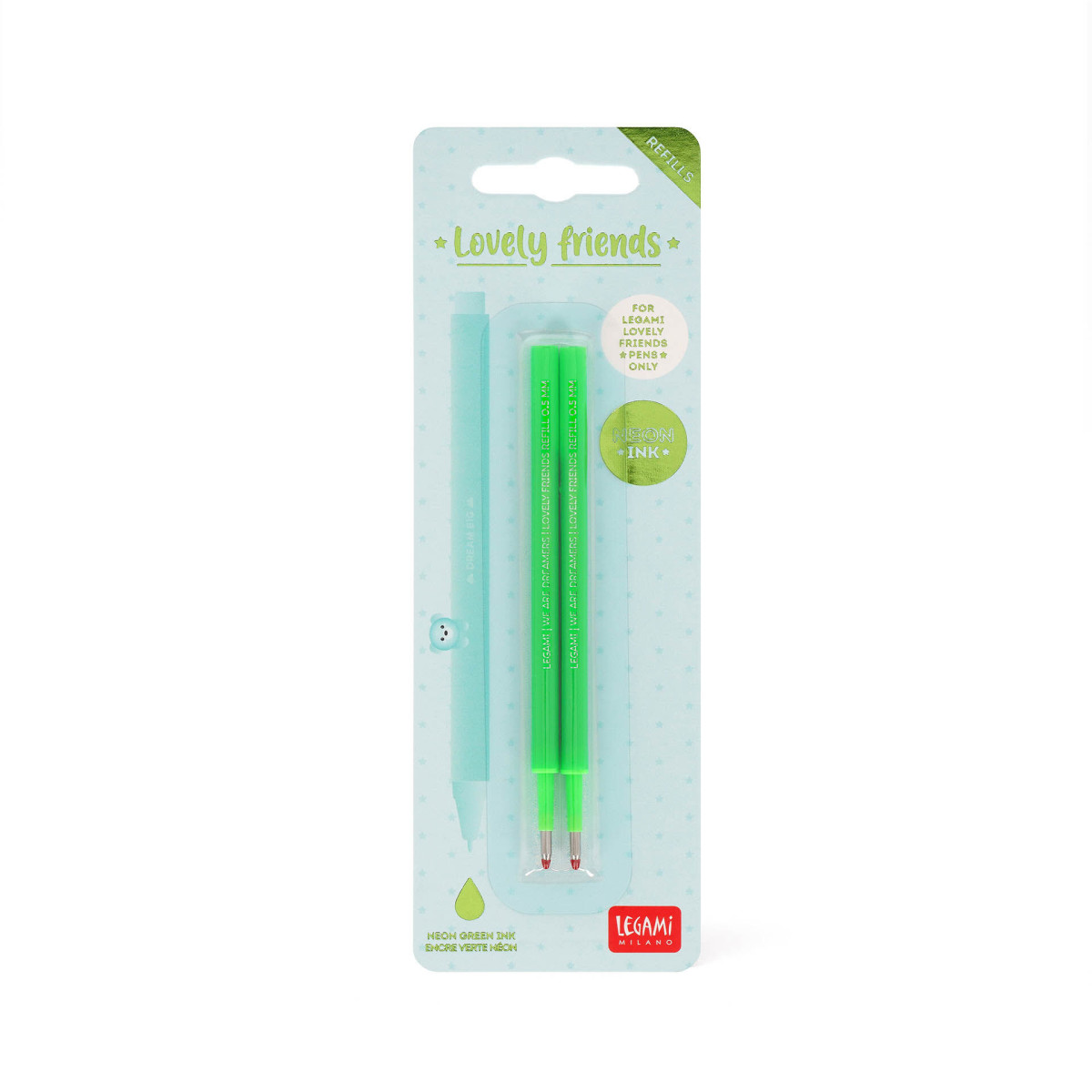 2 REFILL PENNA GEL L. FRIENDS - LOVELY FRIENDS REFILL SET - NEON GREEN-LEGAMI MILANO