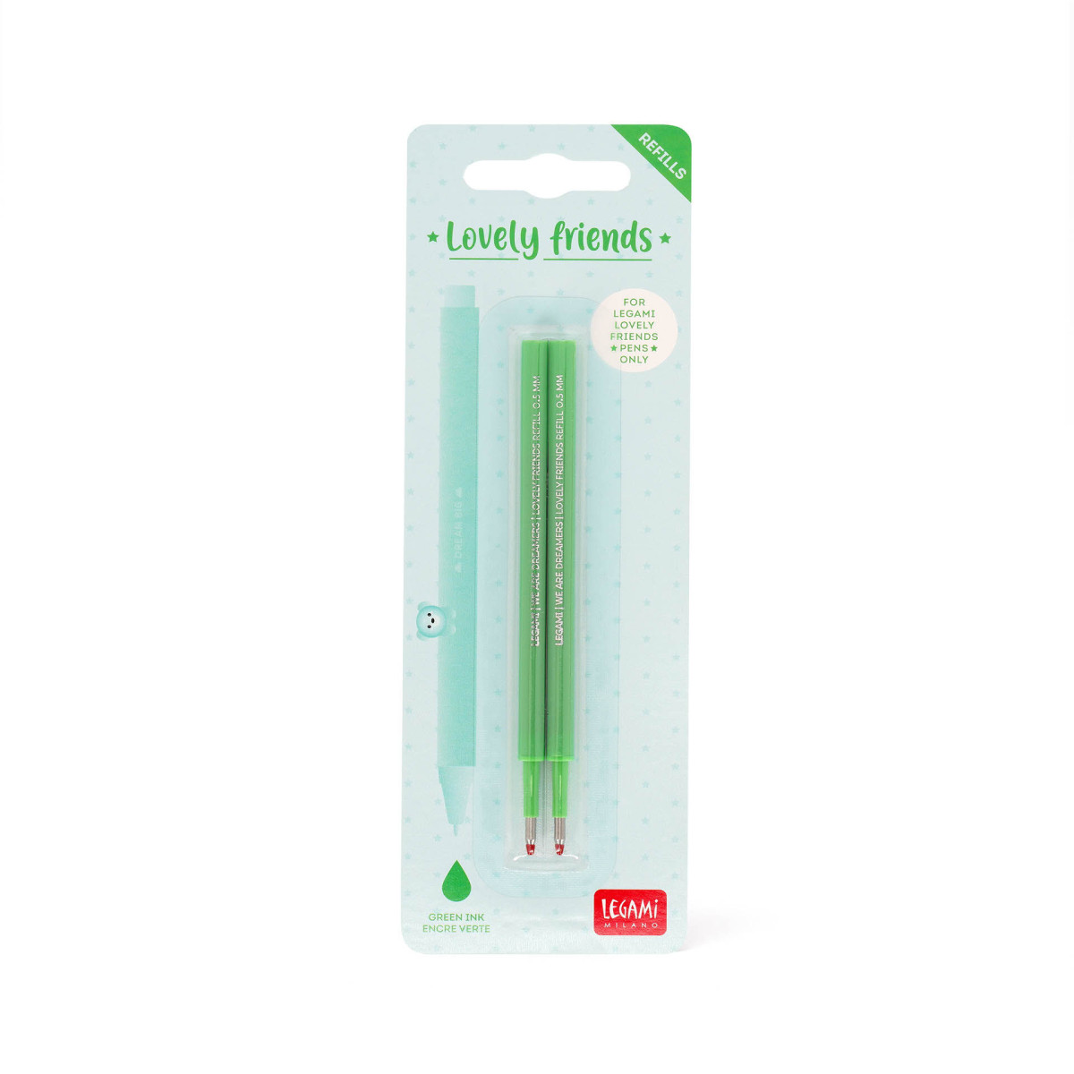 2 REFILL PENNA GEL L. FRIENDS - LOVELY FRIENDS REFILL SET - GREEN-LEGAMI MILANO