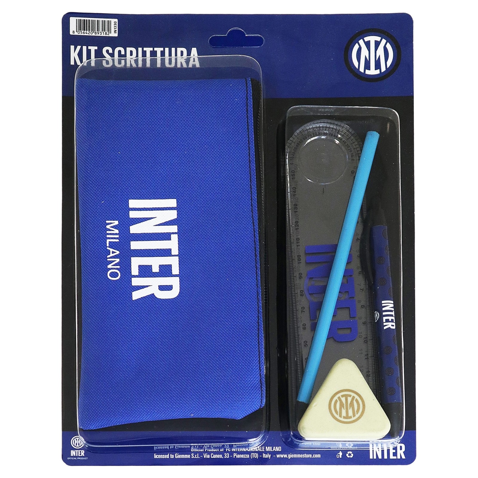 KIT DA SCRITTURA CON GRAFICHE ASSORTITECOMPOSTO DA 1 RIGHELLO, 1 GOMMA, 1 MATITA,1 PENNA, 1 PORTAPENNE INTER-INTER